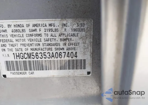 2003 Honda Accord 2.4 Lx из США, поврежденный, VIN 1HGCM56353A067404